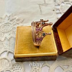 Ancienne Bague Couronne Belle Tourmaline Saphir Argent Massif /or Rose Vermeil