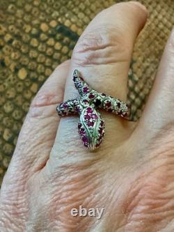 Ancienne Bague Large Argent Massif Or Blanc Vermeil Rubis Veritables