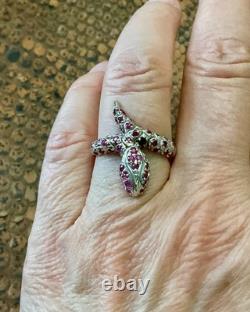 Ancienne Bague Large Argent Massif Or Blanc Vermeil Rubis Veritables