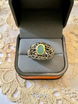 Ancienne Bague Moderniste Argent Massif Finition Or -emeraude & Aigue-marines