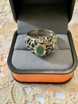 Ancienne Bague Moderniste Argent Massif Finition Or -emeraude & Aigue-marines