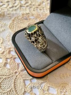 Ancienne Bague Moderniste Argent Massif Finition Or -emeraude & Aigue-marines