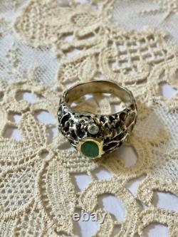 Ancienne Bague Moderniste Argent Massif Finition Or -emeraude & Aigue-marines