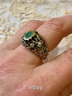 Ancienne Bague Moderniste Argent Massif Finition Or -emeraude & Aigue-marines