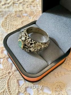 Ancienne Bague Moderniste Argent Massif Finition Or -emeraude & Aigue-marines
