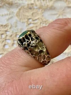 Ancienne Bague Moderniste Argent Massif Finition Or -emeraude & Aigue-marines