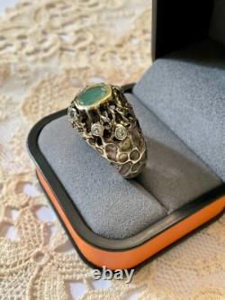 Ancienne Bague Moderniste Argent Massif Finition Or -emeraude & Aigue-marines