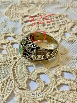 Ancienne Bague Moderniste Argent Massif Finition Or -emeraude & Aigue-marines