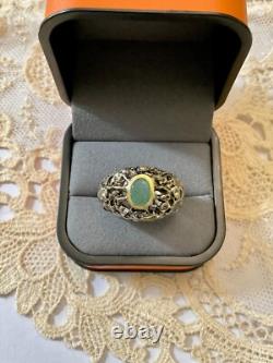 Ancienne Bague Moderniste Argent Massif Finition Or -emeraude & Aigue-marines