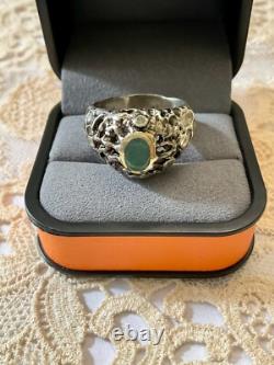 Ancienne Bague Moderniste Argent Massif Finition Or -emeraude & Aigue-marines