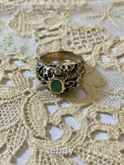 Ancienne Bague Moderniste Argent Massif Finition Or -emeraude & Aigue-marines