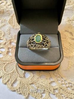 Ancienne Bague Moderniste Argent Massif Finition Or -emeraude & Aigue-marines