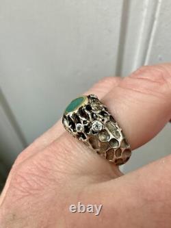 Ancienne Bague Moderniste Argent Massif Finition Or -emeraude & Aigue-marines