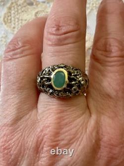 Ancienne Bague Moderniste Argent Massif Finition Or -emeraude & Aigue-marines