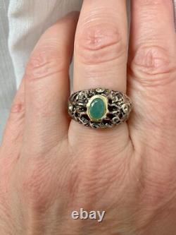 Ancienne Bague Moderniste Argent Massif Finition Or -emeraude & Aigue-marines