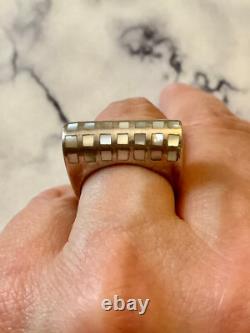 Ancienne Bague Tank Argent Massif Nacre Marqueterie Orfevre 57