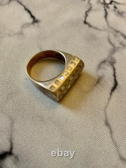 Ancienne Bague Tank Argent Massif Nacre Marqueterie Orfevre 57