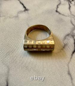 Ancienne Bague Tank Argent Massif Nacre Marqueterie Orfevre 57
