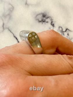 Ancienne Bague Tank Argent Massif Nacre Marqueterie Orfevre 57