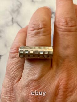Ancienne Bague Tank Argent Massif Nacre Marqueterie Orfevre 57