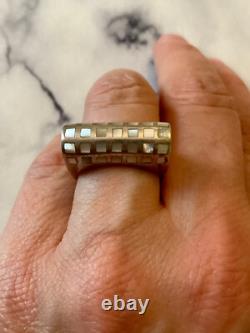 Ancienne Bague Tank Argent Massif Nacre Marqueterie Orfevre 57