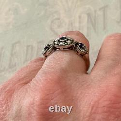 Ancienne Bague Trilogie Saphir Perle Fine Et Argent Massif