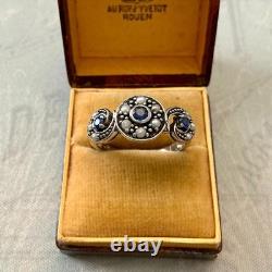 Ancienne Bague Trilogie Saphir Perle Fine Et Argent Massif