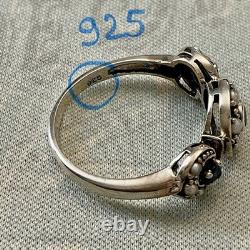 Ancienne Bague Trilogie Saphir Perle Fine Et Argent Massif