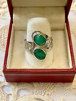 Ancienne Bague Unique 2 Emeraudes Argent Massif Ciselures Fait Main