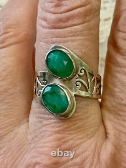 Ancienne Bague Unique 2 Emeraudes Argent Massif Ciselures Fait Main