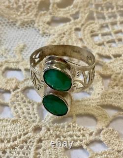 Ancienne Bague Unique 2 Emeraudes Argent Massif Ciselures Fait Main