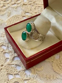 Ancienne Bague Unique 2 Emeraudes Argent Massif Ciselures Fait Main