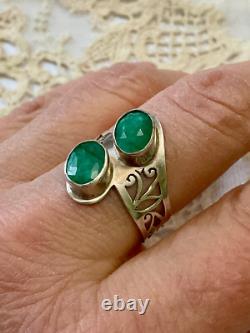 Ancienne Bague Unique 2 Emeraudes Argent Massif Ciselures Fait Main