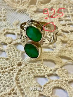 Ancienne Bague Unique 2 Emeraudes Argent Massif Ciselures Fait Main