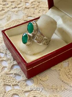 Ancienne Bague Unique 2 Emeraudes Argent Massif Ciselures Fait Main