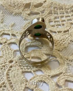 Ancienne Bague Unique 2 Emeraudes Argent Massif Ciselures Fait Main