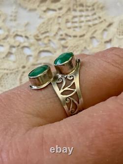 Ancienne Bague Unique 2 Emeraudes Argent Massif Ciselures Fait Main