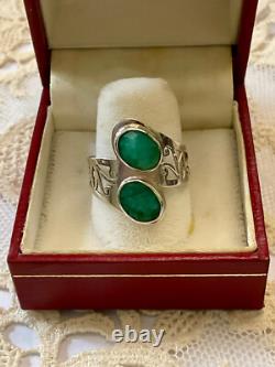 Ancienne Bague Unique 2 Emeraudes Argent Massif Ciselures Fait Main