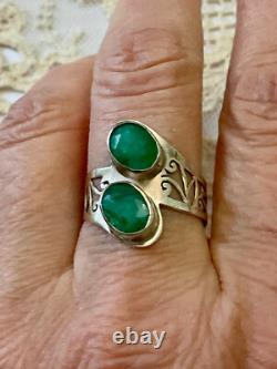 Ancienne Bague Unique 2 Emeraudes Argent Massif Ciselures Fait Main