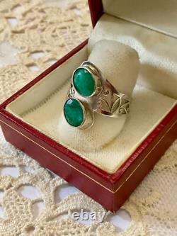 Ancienne Bague Unique 2 Emeraudes Argent Massif Ciselures Fait Main