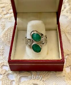 Ancienne Bague Unique 2 Emeraudes Argent Massif Ciselures Fait Main