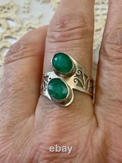 Ancienne Bague Unique 2 Emeraudes Argent Massif Ciselures Fait Main