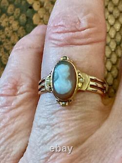 Ancienne Bague Unique Argent Massif Or 18k Véritable Camée Perle Fine T56