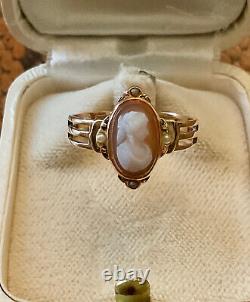 Ancienne Bague Unique Argent Massif Or 18k Véritable Camée Perle Fine T56