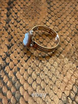 Ancienne Bague Unique Argent Massif Or 18k Véritable Camée Perle Fine T56