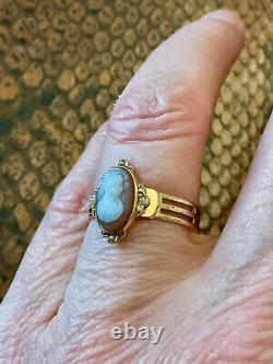 Ancienne Bague Unique Argent Massif Or 18k Véritable Camée Perle Fine T56