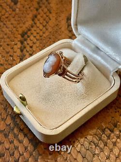 Ancienne Bague Unique Argent Massif Or 18k Véritable Camée Perle Fine T56
