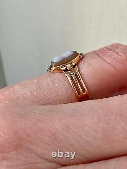 Ancienne Bague Unique Argent Massif Or 18k Véritable Camée Perle Fine T56
