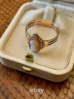 Ancienne Bague Unique Argent Massif Or 18k Véritable Camée Perle Fine T56