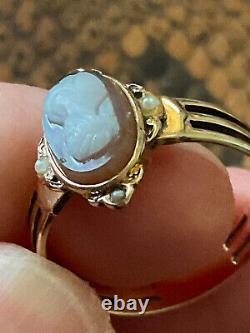 Ancienne Bague Unique Argent Massif Or 18k Véritable Camée Perle Fine T56